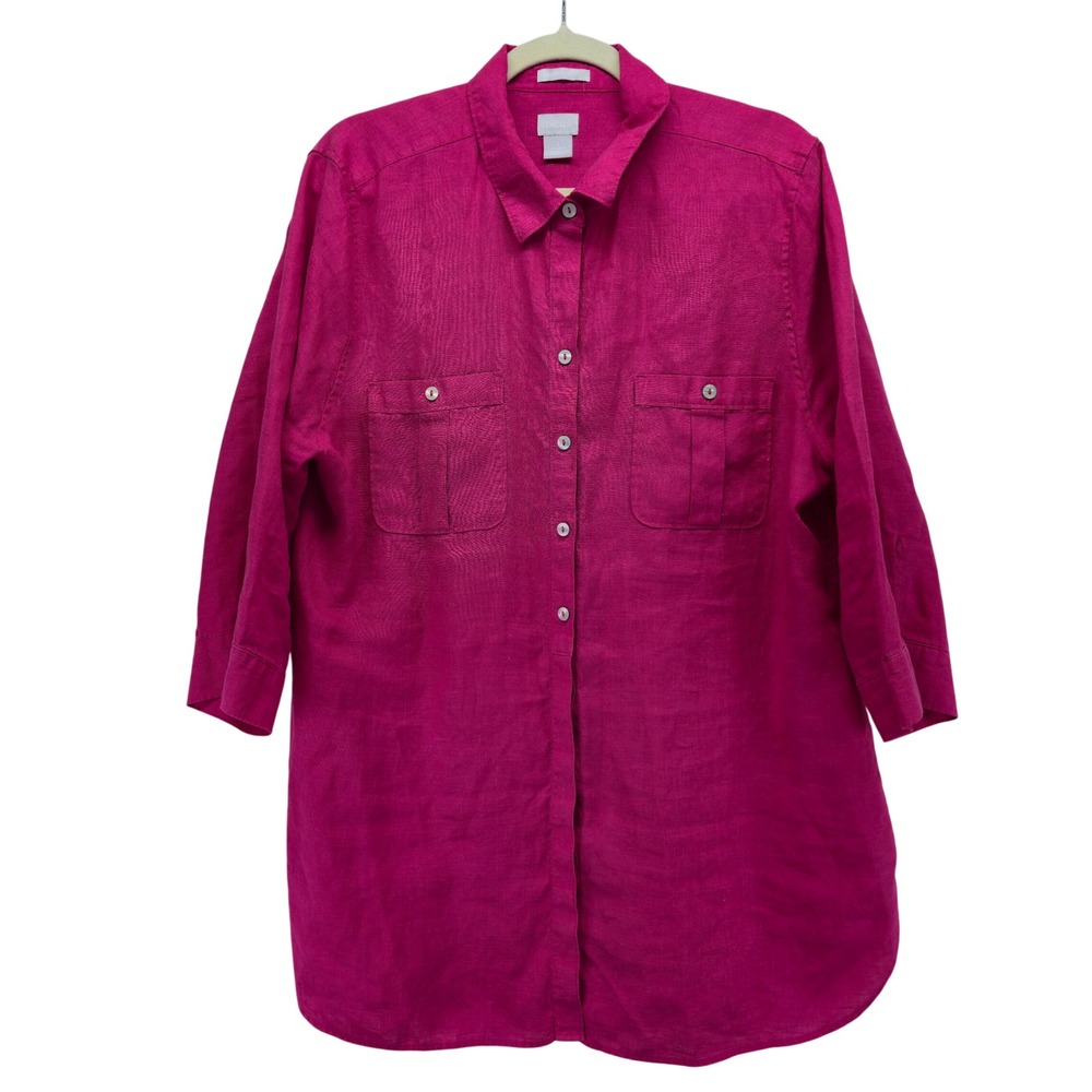 Chicos 100% Linen Tunic Shirt‎ Pink US 16 (3) Roll Tab Sleeve Beach Resortwear